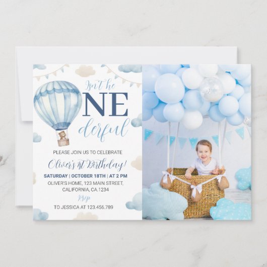 ブルーブラウンテディベア誕生日写真招待状 招待状 (正面)