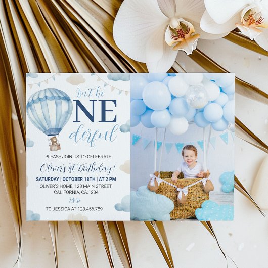 ブルーブラウンテディベア誕生日写真招待状 招待状