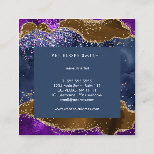 ブルーブラウンパープルアゲート抽象芸術 スクエア名刺 (裏面)