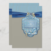 ブルーブラウンブティー男の赤ちゃんシャワー 招待状 (正面/裏面)