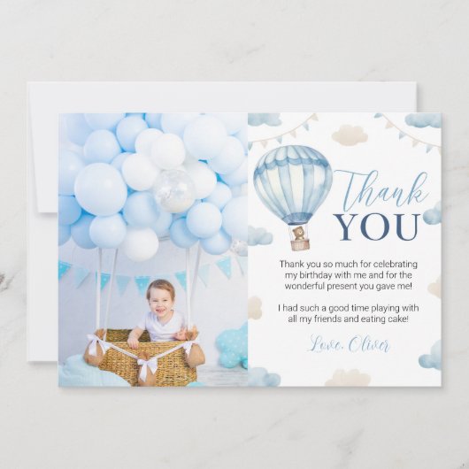 ブルーブラウンベアーボーイ誕生日写真サンキューカード サンキューカード (正面)