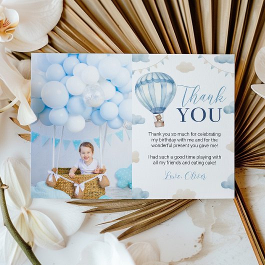 ブルーブラウンベアーボーイ誕生日写真サンキューカード サンキューカード