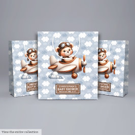 ブルーブラウンベア赤ちゃんシャワー少年のためのバッグ ミディアムペーパーバッグ