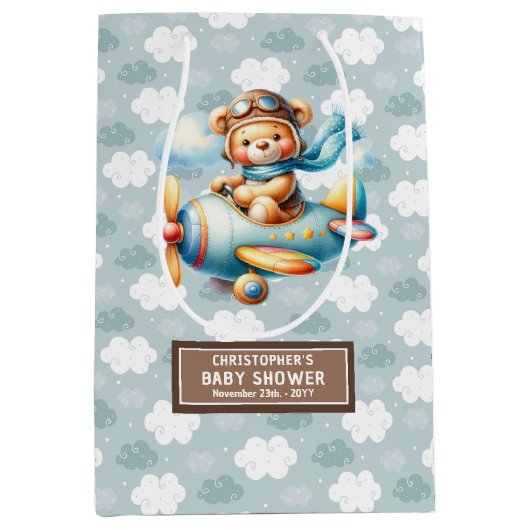 ブルーブラウンベア赤ちゃんシャワー抱き枕名 ミディアムペーパーバッグ (正面)