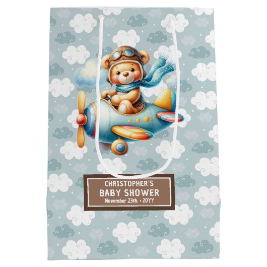 ブルーブラウンベア赤ちゃんシャワー抱き枕名 ミディアムペーパーバッグ (裏面)