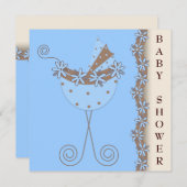 ブルーブラウンベビーカーブルーブラウン男の赤ちゃんシャワー 招待状 (正面/裏面)