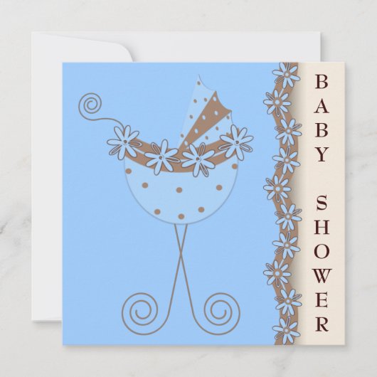 ブルーブラウンベビーカーブルーブラウン男の赤ちゃんシャワー 招待状 (正面)