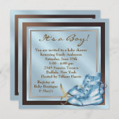 ブルーブラウンベビーシューズブルーブラウン男の赤ちゃんシャワー 招待状 (正面/裏面)