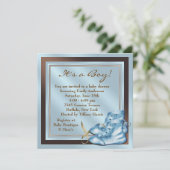 ブルーブラウンベビーシューズブルーブラウン男の赤ちゃんシャワー 招待状 (スタンド正面)