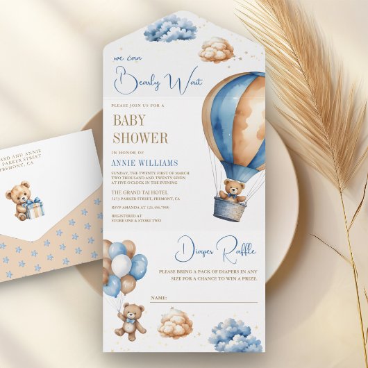 ブルーブラウンホットエアバルーンテディベア赤ちゃんシャワー オールインワン招待状