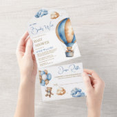 ブルーブラウンホットエアバルーンテディベア赤ちゃんシャワー オールインワン招待状 (貼ってはがせる)