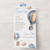 ブルーブラウンホットエアバルーンテディベア赤ちゃんシャワー オールインワン招待状 (内側)