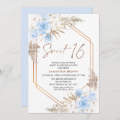 ブルーブラウンボホパンパスグラススウィート16誕生日 招待状 (正面/裏面)