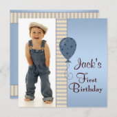 ブルーブラウンボーイズ写真1st誕生日パーティー 招待状 (正面/裏面)