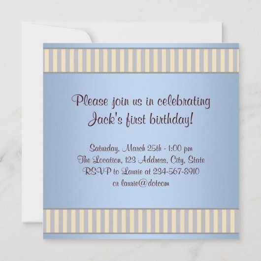 ブルーブラウンボーイズ写真1st誕生日パーティー 招待状 (裏面)