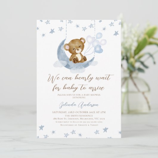 ブルーブラウンムーン我々は赤ちゃんシャワーを待つことができる 招待状 (スタンド正面)