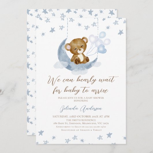 ブルーブラウンムーン我々は赤ちゃんシャワーを待つことができる 招待状 (正面/裏面)