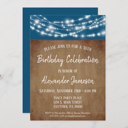 ブルーブラウンライトバースデーパーティー招待大人 招待状 (正面/裏面)