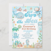 ブルーブラウンレトロダイバーツザシー第2の誕生日 招待状 (正面)