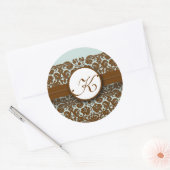 ブルーブラウンレースダマスクヴィンテージ結婚フローラ ラウンドシール (封筒)