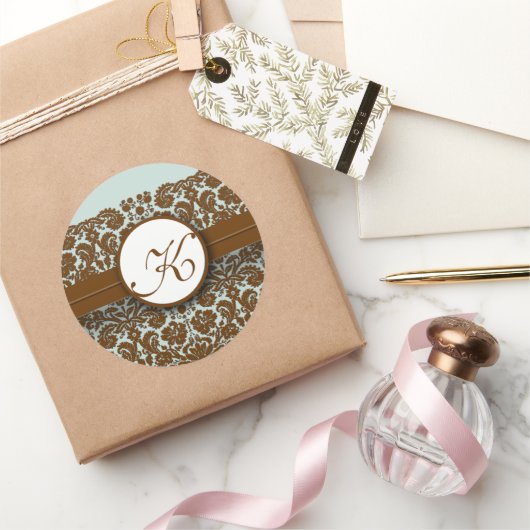 ブルーブラウンレースダマスクヴィンテージ結婚フローラ ラウンドシール (ギフト)