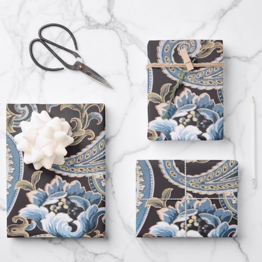 ブルーブラウンヴィンテージペイズリー ラッピングペーパーシート (正面)