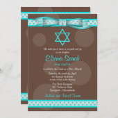 ブルーブラウン水玉模様リボンバルミツワー招待状 招待状 (正面/裏面)