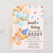 ブルーブラウン甘いクマとバルーン少年の誕生日 招待状 (正面/裏面)