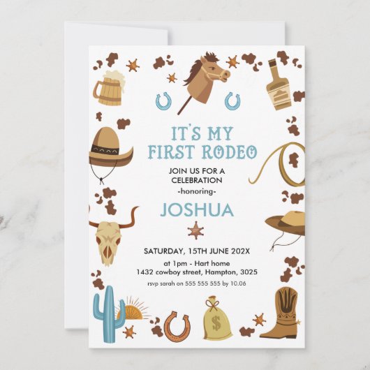 ブルーブラウン私の最初のロデオカウボーイ1歳の誕生日 招待状 (正面)