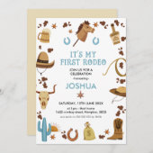 ブルーブラウン私の最初のロデオカウボーイ1歳の誕生日 招待状 (正面/裏面)