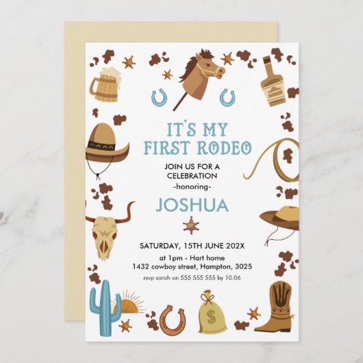 ブルーブラウン私の最初のロデオカウボーイ1歳の誕生日 招待状 (正面/裏面)