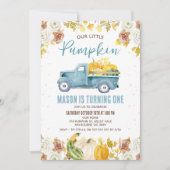 ブルーブラウン素朴秋カボチャートラック1st誕生日 招待状 (正面)