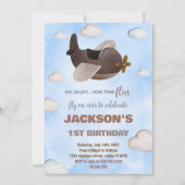 ブルーブラウン飛行機誕生日招待状 招待状 (正面)
