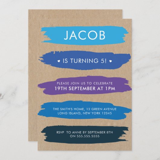 ブルーブラシストロークのシェーディングボーイズ5誕生日 招待状 (正面/裏面)
