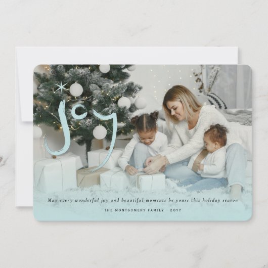 ブルーブラシ仕上げジョイ書道スタークリスマスフォト シーズンカード (正面)