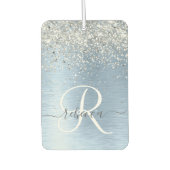 ブルーブラシ仕上げメタルシルバーグリッターモノグラム名 カーエアーフレッシュナー (正面)