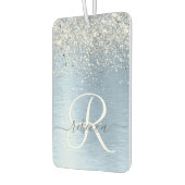 ブルーブラシ仕上げメタルシルバーグリッターモノグラム名 カーエアーフレッシュナー (左)