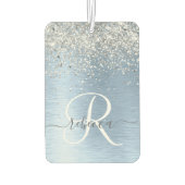 ブルーブラシ仕上げメタルシルバーグリッターモノグラム名 カーエアーフレッシュナー (裏面)