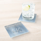 ブルーブラシ仕上げメタルシルバーグリッターモノグラム名 ガラスコースター (アングル)