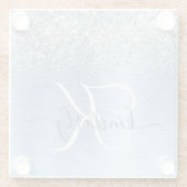 ブルーブラシ仕上げメタルシルバーグリッターモノグラム名 ガラスコースター (裏面)