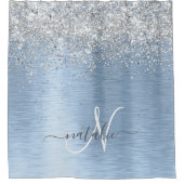 ブルーブラシ仕上げメタルシルバーグリッターモノグラム名 シャワーカーテン (正面)