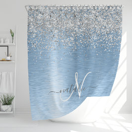ブルーブラシ仕上げメタルシルバーグリッターモノグラム名 シャワーカーテン