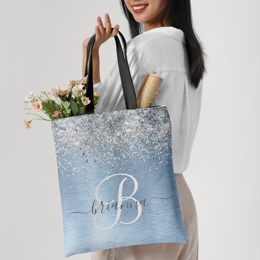 ブルーブラシ仕上げメタルシルバーグリッターモノグラム名 トートバッグ