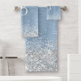 ブルーブラシ仕上げメタルシルバーグリッターモノグラム名 バスタオルセット