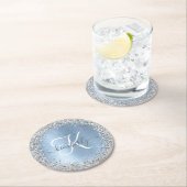 ブルーブラシ仕上げメタルシルバーグリッターモノグラム名 ラウンドペーパーコースター (インサイチュ)