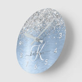 ブルーブラシ仕上げメタルシルバーグリッターモノグラム名 ラウンド壁時計 (傾斜)