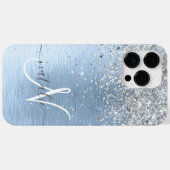 ブルーブラシ仕上げメタルシルバーグリッターモノグラム名 Case-Mate iPhoneケース (裏面 (横))