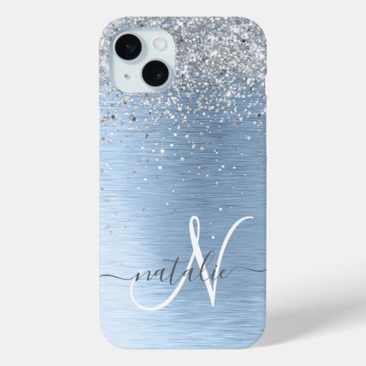 ブルーブラシ仕上げメタルシルバーグリッターモノグラム名 Case-Mate iPhoneケース (裏面)