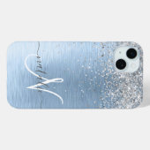 ブルーブラシ仕上げメタルシルバーグリッターモノグラム名 Case-Mate iPhoneケース (裏面 (横))