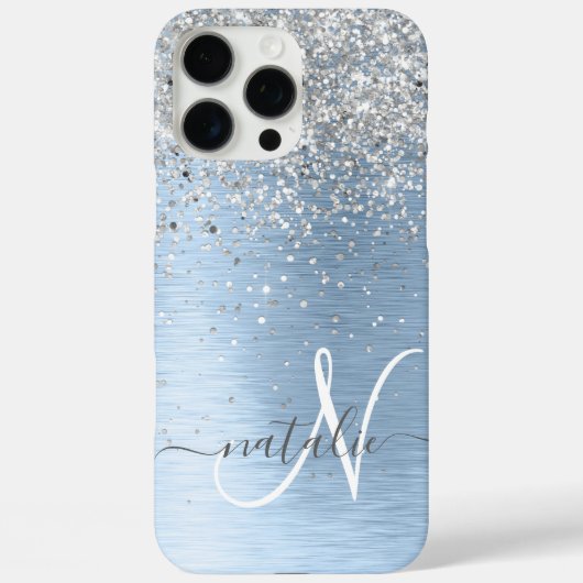 ブルーブラシ仕上げメタルシルバーグリッターモノグラム名 Case-Mate iPhoneケース (裏面)